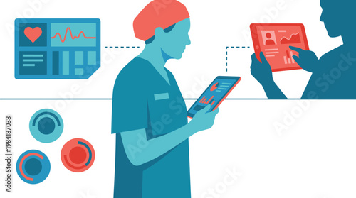 A professional nurse wearing blue scrubs and a red surgical cap carefully reviews patient medical data and heart rate charts on a handheld digital tablet.