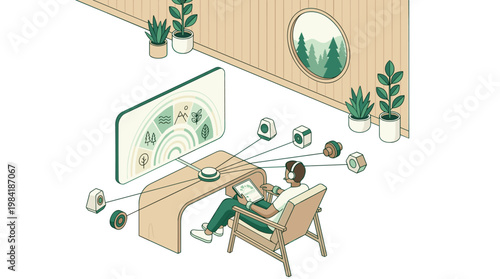 An environmentally aware individual monitors complex ecological data on a large screen while relaxing in a sustainable wooden interior with lush plants.