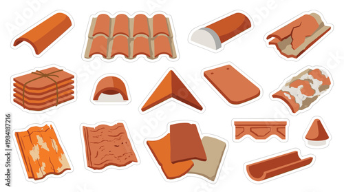 A comprehensive set of terracotta roof tile stickers displays various shapes including curved and flat ridge tiles with weathered textures on a white background.