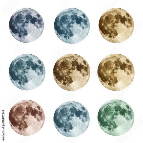 Set of nine watercolor moon illustrations in various colors including blue, gold, grey, pink, and green, featuring detailed lunar craters and surface textures on white background.