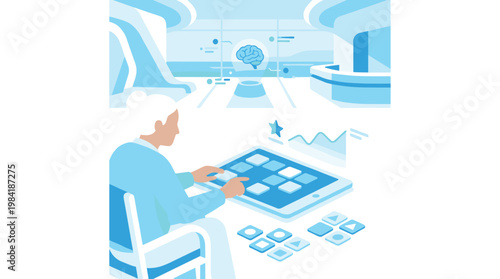 A focused individual operates a sophisticated digital tablet interface within a pristine futuristic laboratory featuring a glowing blue brain hologram.