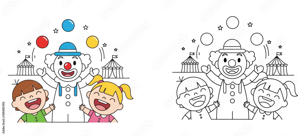 Obraz premium Circus Clown Juggling with Happy Children Coloring Page for Kids with Color Guide Template, Fun Educational Activity Book Vector Illustration for Preschool and Kindergarten Learning
