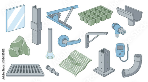 A diverse collection of isometric hardware and construction components including pipes brackets a door handle and a drainage grate displayed on a clean background.