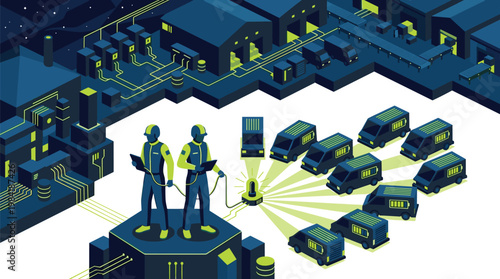 Two professional logistics workers in high-visibility gear manage a fleet of electric delivery vans within a futuristic dark blue and neon green warehouse facility.