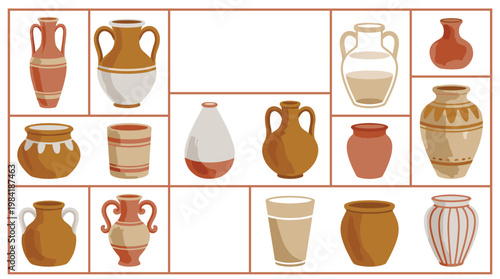 A meticulous grid layout displays various styles of ancient pottery vessels including amphorae and jars in earthy tones of brown tan and terracotta colors.
