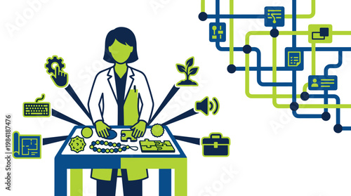 A professional scientist in a white lab coat works at a table surrounded by diverse icons for sensory and technical inputs in a vibrant green environment.