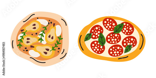 Vector illustration of different pizzas with pears and gorgonzola, classic pepperoni. Italian food concept