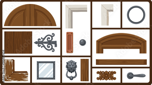 A detailed grid layout showcases various traditional door components including a rustic wooden arch and an ornate metal lion-head knocker on a white background.