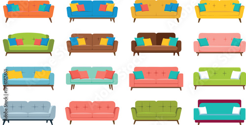 Colorful sofa collection with modern couches and pillows in different styles for living room interior isolated vector illustration