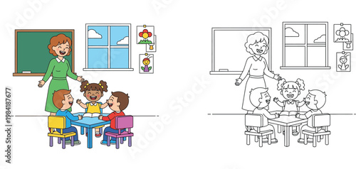 Teacher and Kids in Classroom Coloring Page for Children with Color Guide Template, Preschool Educational Activity Book Vector Illustration for Kids Learning Together in School