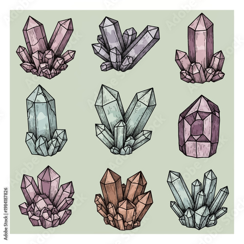 Collection of nine hand-drawn crystal clusters and mineral specimens with black outlines. Illustrated geometric gems in muted tones of rose quartz, amethyst, teal, and copper on a green background.