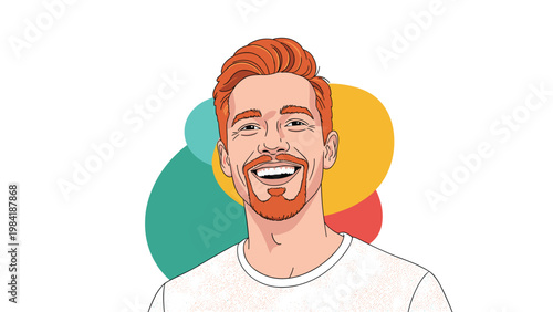 Happy smiling man with bright red hair and a matching beard against a vibrant abstract background with circles.