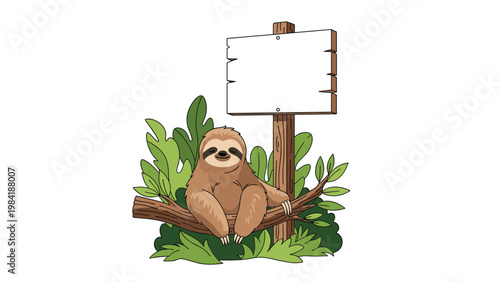 Adorable sloth resting on a tree branch next to a large blank wooden sign in a lush green tropical forest.