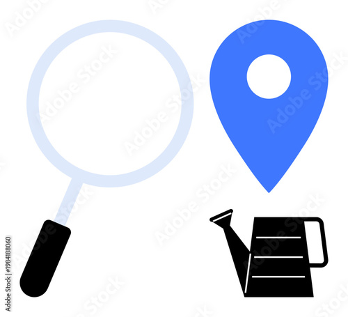 Navigation, growth, exploration, localization, discovery, gardening. Magnifying glass, blue location pin black watering can on white. Exploration and growth by search and nurturing imagery