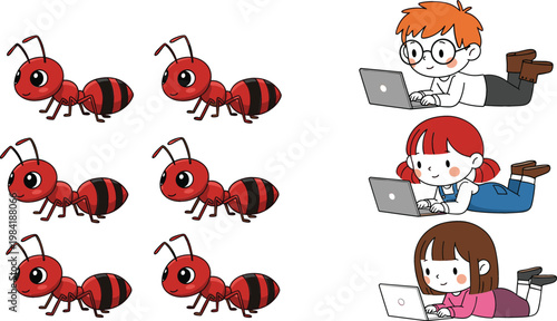 Cute ants cartoon insects set with children using laptops online learning vector illustration collection