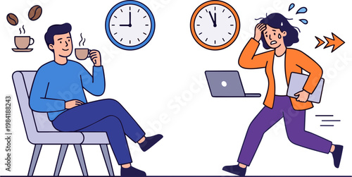 Businessman relaxes with coffee while colleague rushes with laptop.