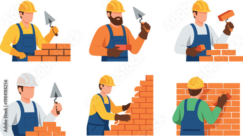 Construction workers building brick wall with tools in different poses isolated vector illustration set for masonry and labor concepts