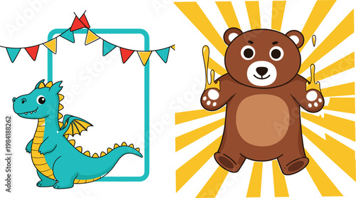 Cute dragon character with festive banner frame and teddy bear cartoon vector illustration collection for kids design