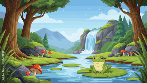 Happy green frog sitting on a large lily pad in a vibrant forest setting with a beautiful waterfall cascading into a clear river.