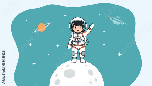 Brave young astronaut waving from the surface of the moon with distant planets and sparkling stars in the vast deep blue outer space.