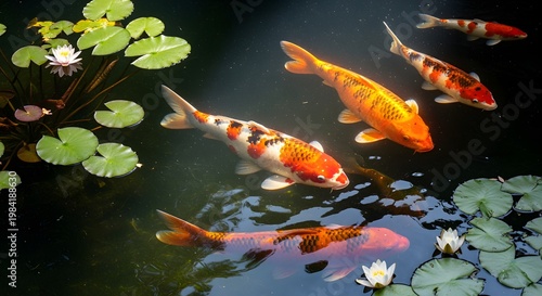 Vibrant Koi Fish Swimming Gracefully in a Serene Pond with Lily Pads and Water Lilies.