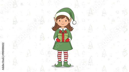 Adorable Christmas elf girl with pointy ears wearing a green outfit and hat while holding a green gift box with a red ribbon.