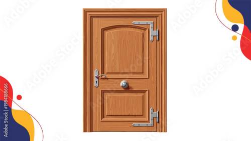 Detailed architectural illustration of a classic wooden door featuring decorative panels, hinges, and handle on a white background.