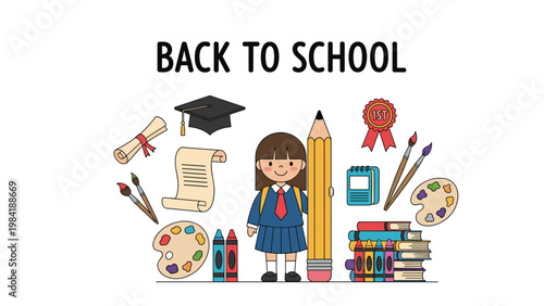 Schoolgirl holding a giant yellow pencil surrounded by colorful school supplies like books, brushes, and a graduation cap.