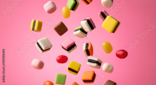 Assortment of colorful liquorice allsorts candies and jelly beans falling against a vibrant pink background