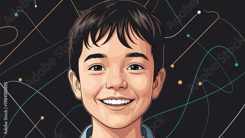 Portrait of a happy young boy with dark hair smiling warmly against a black background with abstract glowing and connecting lines.