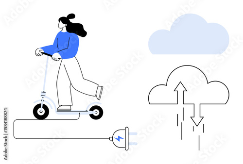 Electric scooter concept. Electric scooter powered by charging technologies and cloud computing integration. Electric scooter riding trends combined with smart connectivity. For sustainable