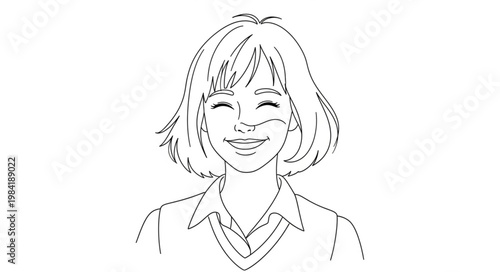 Line Art Drawing of a Smiling Young Woman.
