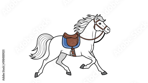 White horse equipped with a brown saddle and blue blanket gallops freely across a plain white background showing strength and speed.