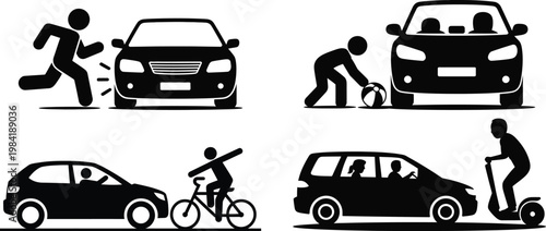 Stick figures demonstrating various dangerous road scenarios involving cars and pedestrians