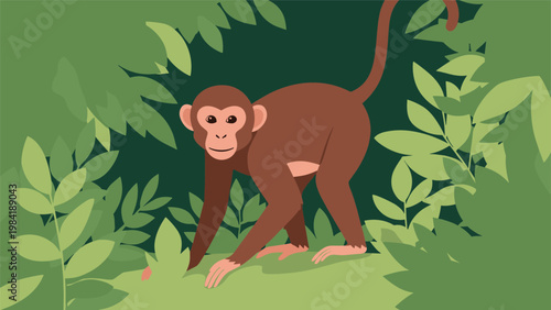 Curious brown monkey explores a dense green jungle environment while looking directly at the viewer among various tropical plant leaves.