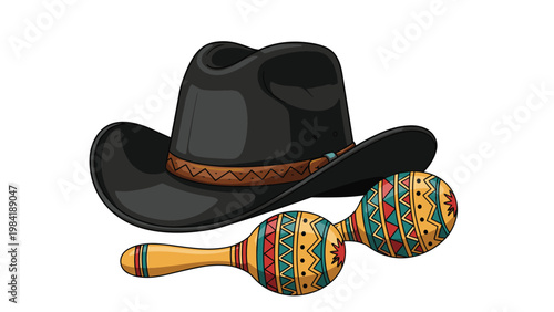 Traditional black cowboy hat rests next to a pair of colorful maracas decorated with geometric patterns on a simple white background.