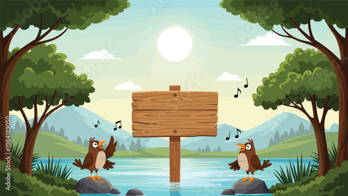Peaceful natural scene features two small birds singing on rocks by a calm blue lake with a blank wooden sign for custom text messages.