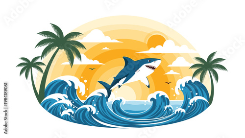 Powerful shark leaps out of blue waves during a beautiful sunset at a tropical beach surrounded by tall palm trees and white clouds.