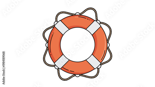 Classic orange and white lifebuoy ring with a thick rope attached around the outer edge for safety at sea on a plain white background.
