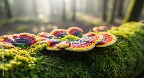 Vibrant Rainbow-Hued Mushrooms Growing on a Mossy Log in a Forest Setting.