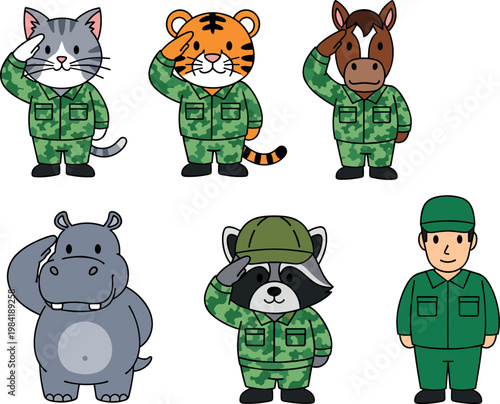 Cute animal soldiers saluting in military uniforms with human character including cat tiger raccoon and horse isolated vector illustration