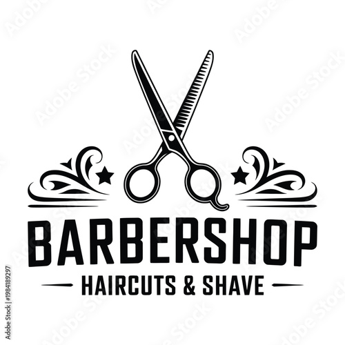 Classic barbershop logo featuring scissors and stylish decorative elements