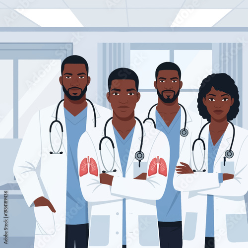 Vector illustration of four African American medical professionals, three men and one woman, wearing white lab coats with lung icons, blue scrubs, and stethoscopes in a hospital.