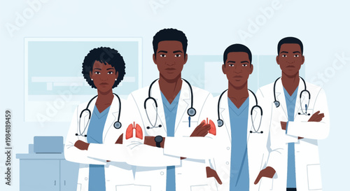 Vector illustration of four professional African American doctors wearing white lab coats and stethoscopes standing in a medical office, featuring a lung icon for pulmonology.