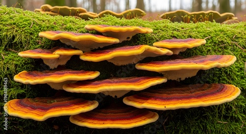 Vibrant Shelf Fungi Displaying Rich Colors and Textures on a Mossy Log in the Forest.