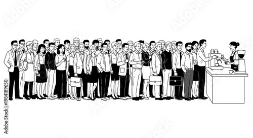 Large Group of People Standing in Line Waiting for Service.