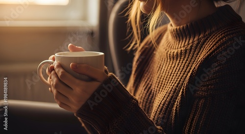 Woman enjoying a warm beverage in a cozy indoor setting, relaxing and comfortable.