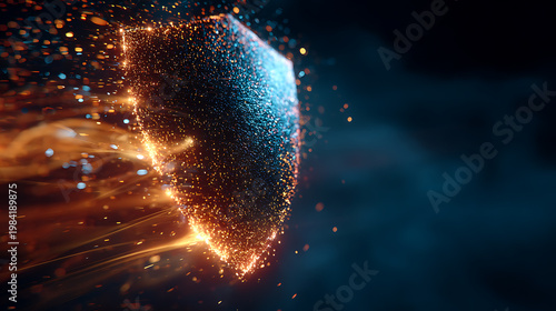 Glowing digital shield with data particles, concept of cybersecurity protection, network security and data defense, abstract technology background, ideal for IT security, encryption and privacy