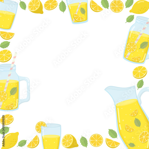 Frame with lemonade drink, pitcher, glass, jars, mint leaf, and lemon slices. Colorful banner of citrus and beverage