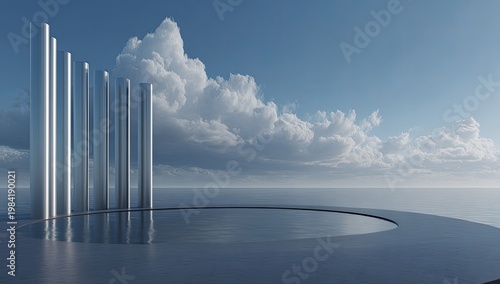 A serene landscape features metallic pillars rising from a reflective platform towards a cloudy sky.